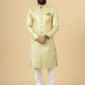 Stunning Yellow Banarasi Brocade Achkan | Father Son Combo | Perfect for Grooms | Jaipurio Collection